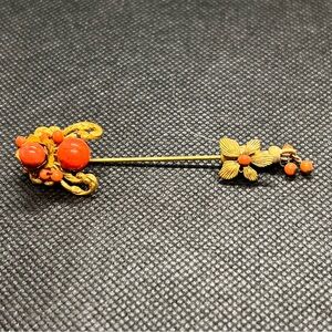 Vintage Miriam Haskell 1940s Gold Tone Red Coral Stick Hat‎ Pin Signed ORIGINAL